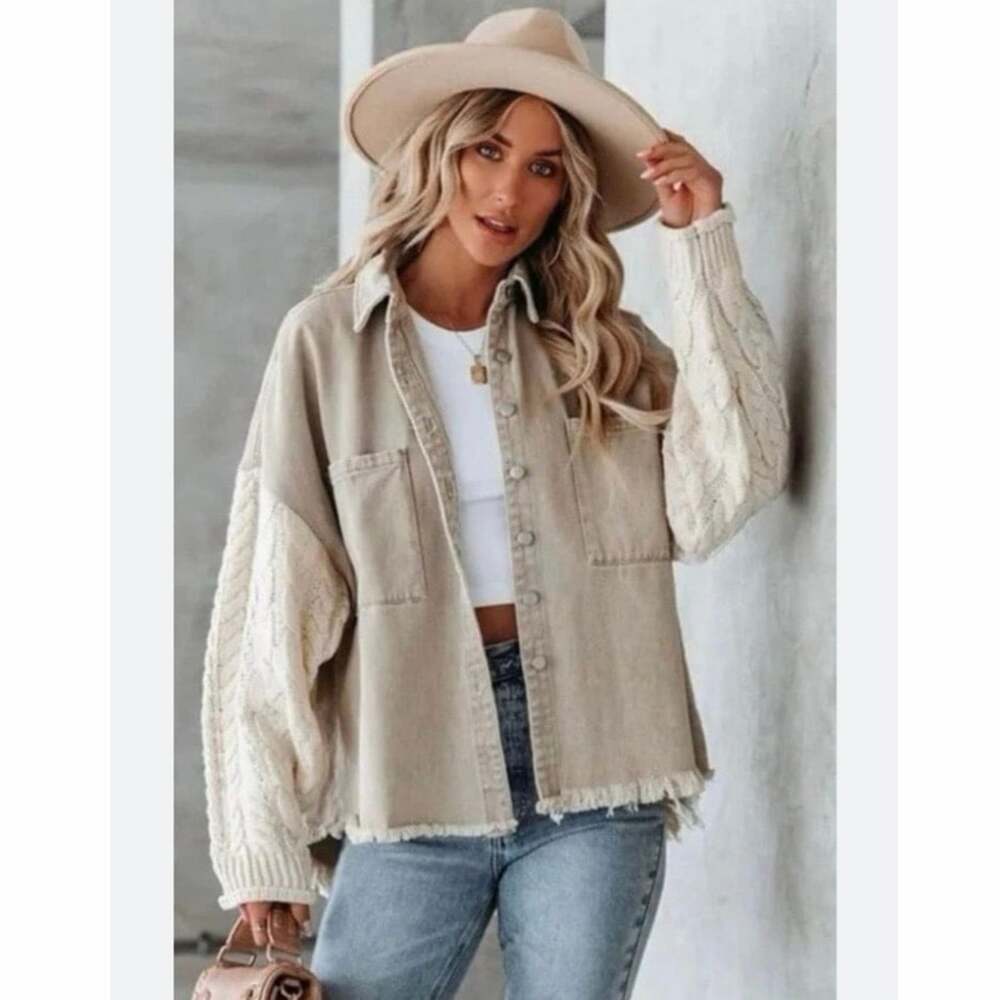 POL Shacket Small Beige Cream Cable Knit Sleeve Raw Hem Oversized Cotton Jacket